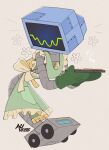  2026 ambiguous_gender apron auveiss clothing food for_a_head green_clothing grey_body handwear holding_object karen_plankton machine mittens nickelodeon object_head pose robot screen screen_face screen_head simple_background solo spongebob_squarepants wheel 