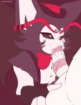 angel_dust anthro black_body black_sclera bodily_fluids bow_tie clothing digital_drawing_(artwork) digital_media_(artwork) duo eyebrows genitals hand_on_leg hand_on_thigh hat hazbin_hotel headgear headwear heart_(marking) heart_eyes heart_symbol hellaverse hi_res husk_(hazbin_hotel) kneeling_oral_position long_eyebrows male male/male male_penetrated male_penetrating male_penetrating_male markings penetration penis penis_in_mouth pink_markings saliva saliva_on_penis sex striped_genitalia striped_penis stripes suspenders top_hat watermark whiskerwonderland white_body yellow_eyes