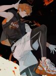  1boy 1o8k ahoge arm_up artist_name belt black_background black_belt black_hoodie black_shirt blue_eyes clothes_writing commentary crossed_bangs drawstring english_commentary genshin_impact gym_shorts hair_between_eyes high_tops highres hood hood_down hoodie jewelry leg_up looking_at_viewer male_focus multicolored_shoes necklace orange_hair orange_shoes parted_lips print_hoodie shirt shoes short_hair shorts sleeveless sleeveless_hoodie sleeveless_shirt smile sneakers solo sportswear sweat tartaglia_(genshin_impact) turtleneck white_shoes white_shorts wristband 