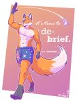 5_toes abs absurd_res anthro australian_flag boxers_(clothing) boxers_only briefs canid canine clothed clothing feet fluffy fluffy_tail fox hi_res male mammal muscular muscular_male naudiz_(artist) nipples orithan pecs plantigrade raised_arm red_fox smile solo tail text throwing toes topless true_fox underwear underwear_only walking