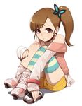  bare_shoulders brown_eyes brown_hair butterfly_hair_ornament choker chousoku_henkei_gyrozetter hair_ornament hitoto inaba_rinne legs_up long_sleeves open_mouth roller_skates shorts side_ponytail single_thighhigh sitting skates solo striped striped_legwear thighhighs toy_car 