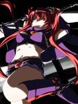  :p arcana_heart arcana_heart_3 arms_up bad_id bad_pixiv_id belt boots breasts cape chain detached_sleeves highres large_breasts long_hair midriff navel red_eyes red_hair scharlachrot shorts solo takashimanga tongue tongue_out twintails very_long_hair 