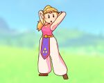  1girl armpits arms_behind_head arms_up blurry blurry_background circlet commentary english_commentary gold_circlet hair_pulled_back nikoto official_alternate_costume official_alternate_hairstyle pointy_ears ponytail princess_zelda royal_travel_attire_(zelda) solo standing sweat the_legend_of_zelda the_legend_of_zelda:_echoes_of_wisdom triforce_print 