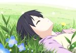  black_hair blurry book closed_eyes depth_of_field errant flower grass k-on! lying nakano_azusa on_back open_book peaceful short_hair sleeping solo 