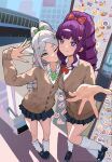  2girls absurdres blunt_bangs bow bowtie cardigan commentary dot_nose elf english_commentary fake_nails fern_(sousou_no_frieren) foreshortening frieren full_body green_bow gyaru hair_ornament hair_up hairclip heart heart_hair_ornament highres kogal looking_at_viewer loose_bowtie loose_socks multiple_girls o3o one_eye_closed outdoors parted_bangs pink_nails pleated_skirt pointy_ears purple_hair purple_pupils red_bow ringlets school_uniform skirt smile socks solitary.apple sousou_no_frieren sticker white_hair 