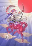  1boy absurdres aiming animal_ears arrow_(projectile) bow_(weapon) centaur chinese_zodiac closed_mouth commentary_request floating_hair full_body gauntlets gloves highres holding holding_bow_(weapon) holding_weapon hooves horse_ears horse_tail igote long_hair looking_to_the_side male_focus monster_boy multicolored_hair multiple_legs nagatekkou navel original quiver red_gloves red_hair roma_yukue short_eyebrows sidelocks signature single_gauntlet single_glove solo stomach tail taur two-tone_hair waist_cape weapon white_hair wide_sleeves year_of_the_horse yellow_eyes 
