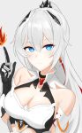  1girl absurdres bare_shoulders black_gloves blue_eyes breasts cleavage commentary corset detached_sleeves filmxd finger-tip_fire gloves grey_background high_ponytail highres honkai_(series) honkai_impact_3rd kiana_kaslana kiana_kaslana_(herrscher_of_flamescion) large_breasts long_hair looking_at_viewer ponytail short_hair simple_background smile solo very_long_hair weapon white_corset 