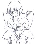  1girl blush chinese_commentary cho_kaguya-hime! closed_mouth commentary_request feet_out_of_frame greyscale holding holding_pillow light_frown lineart long_hair mole mole_under_eye monochrome pillow sakayori_iroha sidelocks simple_background sitting solo split_mouth tafnutou unfinished white_background yes yes-no_pillow 
