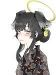  1girl animal_ears backlighting black_hair black_kimono blue_archive blunt_bangs blush bubble_print commentary_request coral_print dog_ears dog_girl flower flower_request gold_halo grey_eyes hair_bun hair_flower hair_ornament hibiki_(blue_archive) highres japanese_clothes kimono long_hair mixed-language_commentary parted_lips partial_commentary simple_background solo squid_print tamaoki_benkyou upper_body white_background yukata 