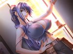  bare_shoulders belt blue_hair breasts cleavage denim erect_nipples fingernails hand_on_hips huge_breasts jeans long_fingernails long_hair looking_at_viewer nail_polish navel no_bra pants ponytail sano_toshihide smile solo yellow_eyes 