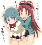  blood blue_eyes blue_hair blush bow cutoffs denim denim_shorts hair_bow hair_ornament hairclip hood hoodie long_hair mahou_shoujo_madoka_magica menstrual_pad menstruation miki_sayaka multiple_girls open_mouth panties plaid plaid_skirt polka_dot polka_dot_panties ponytail red_eyes red_hair sakura_kyouko sasago_kaze school_uniform short_hair shorts skirt sweat translated underwear wavy_mouth wide_ponytail 