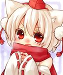  animal_ears bare_shoulders blush detached_sleeves fang hands_together hat highres inubashiri_momiji looking_at_viewer open_mouth own_hands_together pom_pom_(clothes) red_eyes red_scarf sawatari_(sado) scarf short_hair silver_hair sleeves_past_wrists solo tassel tokin_hat touhou wide_sleeves wolf_ears 