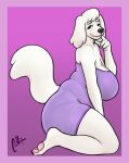 2026 4_fingers alexnik anthro big_breasts bluey_(series) breasts canid canine canis clothing digital_media_(artwork) domestic_dog doreen_(bluey) dress elderly_female eye_bags female fingers fur great_pyrenees hi_res livestock_guardian_dog mammal molosser mountain_dog pastoral_dog pawpads simple_background solo watermark white_body white_fur
