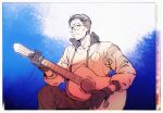  1boy black_hair bomber_jacket cowboy_shot disco_elysium dule_(anhaidule) glasses gloves guitar hair_slicked_back highres instrument jacket kim_kitsuragi knee_up looking_at_viewer male_focus music orange_gloves orange_jacket playing_guitar playing_instrument round_eyewear short_hair solo 