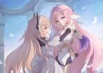  2girls absurdres arknights black_horns black_shorts blue_sky blush breasts chinese_commentary commentary corset crossover demon_girl demon_horns diamond-shaped_pupils diamond_(shape) dress elysia_(herrscher_of_human:_ego)_(honkai_impact) elysia_(honkai_impact) falling_feathers feathers gloves highres honkai_(series) honkai_impact_3rd horns interlocked_fingers large_breasts long_hair mu_yu_mumu multicolored_hair multiple_girls pink_eyes pink_hair purple_eyes shorts sky smile symbol-shaped_pupils theresa_(arknights) triquetra two-tone_hair very_long_hair white_corset white_dress white_gloves white_hair 