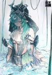  1girl absurdres arknights arknights:_endfield bare_shoulders black_dress black_gloves black_veil blue_eyes commentary copyright_logo dated detached_sleeves dragon_horn dress gloves green_hair half_gloves highres horns logo long_hair partially_submerged pointy_ears pppmepl single_half_glove solo tail veil xaihi_(arknights) 