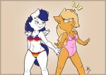 3_fingers anthro back_wings bikini biped blue_hair breasts chest_tuft cleavage clothed clothed_anthro clothed_female clothing digital_drawing_(artwork) digital_media_(artwork) duo ear_piercing ear_ring emanata female female/female female_anthro fingers fluffy_pony fluffy_pony_(species) front_view fully_clothed fully_clothed_anthro fully_clothed_female fur green_eyes hair half-closed_eyes looking_at_another mammal monotone_body monotone_fur narrowed_eyes one-piece_swimsuit orange_body orange_fur piercing rainbow_bikini ring_piercing short_snout signature simple_background slightly_chubby slightly_chubby_anthro slightly_chubby_female small_wings snout standing surprised swimwear tuft two-piece_swimsuit wetfluff white_body white_fur wings