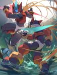  2boys absurdres armor battle blonde_hair commentary_request energy_sword helmet highres holding holding_sword holding_weapon light_trail long_hair male_focus mega_man_(series) mega_man_zero_(series) mega_man_zero_3 midair multiple_boys omega_(mega_man) omochi_(mochi_skymega) red_armor red_eyes red_helmet standing standing_on_liquid sword weapon z_saber zero(z)_(mega_man) zero_(mega_man) 