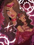  1girl alternate_skin_color breasts brown_hair choker cinnabarbie cleavage commentary dark-skinned_female dark_skin detached_sleeves dress english_commentary highres long_hair marvel medium_breasts multiple_views red_choker red_dress red_lips red_sleeves scarlet_witch 