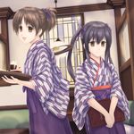  bashamichi black_hair brown_eyes brown_hair hakama hirasawa_ui japanese_clothes k-on! kimono long_hair multiple_girls nakano_azusa ntake_toukasaien ponytail purple_hakama short_hair tray twintails waitress yagasuri 