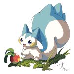  animal_focus berry_(pokemon) commentary_request full_body highres leppa_berry no_humans open_mouth pachirisu pokemon pokemon_(creature) pokemon_focus squirrel supiraji_penpen tail white_fur 