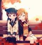  2girls autumn_leaves bangs bench black_jacket black_legwear blazer blue_hair blue_neckwear blue_sweater blurry blurry_foreground bow bowtie brown_sweater closed_mouth collared_shirt depth_of_field dress_shirt eyes_closed hair_bun hair_ornament hairclip head_tilt highres jacket kneehighs kunikida_hanamaru langbazi leaf_hair_ornament light_brown_hair long_hair long_sleeves love_live! love_live!_sunshine!! multiple_girls on_bench open_blazer open_clothes open_jacket park_bench plaid plaid_neckwear plaid_skirt pleated_skirt purple_eyes red_neckwear red_skirt shirt side_bun signature sitting sitting_on_bench skirt sleeping sleeping_on_person sleeping_upright sleeves_past_wrists sweater thighhighs tree tsushima_yoshiko wavy_mouth white_jacket white_shirt white_skirt 