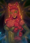  1girl alternate_skin_color bare_shoulders batman_(series) breasts cinnabarbie covered_navel dark-skinned_female dark_skin dc_comics detached_sleeves green_eyes green_leotard green_lips green_sleeves hand_on_own_hip highres leotard long_hair looking_to_the_side medium_breasts poison_ivy red_hair solo strapless strapless_leotard upper_body 