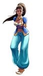  ahoge arabian_clothes arms_behind_back breasts brown_hair capcom cleavage dark_skin earrings harem_pants jewelry lips long_hair navel necklace official_art pants pointy_shoes ponytail pullum_purna sash shoes solo street_fighter street_fighter_ex_(series) vest 