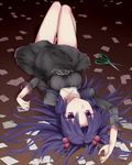  ayamoto blue_hair clannad dress hair_bobbles hair_ornament ichinose_kotomi long_hair lying paper purple_hair scissors solo two_side_up 