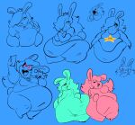 2023 4_fingers anthro ass_to_ass belly belly_grab bent_leg big_belly big_butt black_eyelids blue_background blue_body blue_clothing blue_dress blue_ear_piercing blue_fur blue_hair blue_sclera blue_shirt blue_tank_top blue_teeth blue_tongue blue_topwear bottomless bottomless_anthro bottomless_female breasts buckteeth burger butt cellphone chubby_cheeks cleavage closed_frown closed_smile clothed clothed_anthro clothed_female clothing colored crossed_arms crossover crown deep_navel digital_drawing_(artwork) digital_media_(artwork) dress duo ear_piercing electronics eye_contact eyelashes fat_legs featureless_feet feet female fingers fizzooka flat_colors food frown frowning_at_another fur grumpy hair hair_over_eye hand_pawpads happy headgear hi_res holding_burger holding_cellphone holding_food holding_object holding_phone huge_belly huge_butt lagomorph lidded_eyes light lighting long_ears looking_at_another looking_at_own_belly looking_at_viewer mammal mario_bros mario_plus_rabbids_kingdom_battle mario_plus_rabbids_sparks_of_hope medium_breasts mouth_closed multiple_images navel nintendo noseless obese obese_anthro obese_female one_eye_closed open_mouth open_smile overweight overweight_anthro overweight_female phone piercing pink_body pink_ear_piercing pink_fur pink_hair pink_tail pink_tongue rabbid rabbid_peach rabbid_rosalina raving_rabbids rayman_(series) scut_tail shirt short_tail simple_background sitting smile smiling_at_another smiling_at_viewer tail tank_top teal_clothing teal_dress teal_hair teeth tongue tongue_out tooth_gap topwear ubisoft