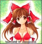  bikini blush bow breasts brown_eyes brown_hair cleavage detached_sleeves front-tie_top hair_bow hair_tubes hakurei_reimu large_breasts long_hair nightmare77zx red_bikini smile solo swimsuit touhou traditional_media upper_body 