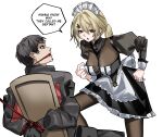  1boy 1girl absurdres apron arms_behind_back bdsm black_dress black_gloves black_hair black_pantyhose blonde_hair bondage bound breasts commander_(girls'_frontline) commentary dress english_commentary gagged girls'_frontline girls'_frontline_2:_exilium gloves highres jacket juliet_sleeves large_breasts long_sleeves looking_at_another maid_headdress multicolored_jacket official_alternate_costume pantyhose puffy_sleeves sextans_(girls'_frontline_2) simple_background sitting speech_bubble two-tone_jacket white_apron white_background yazu_(zoddiacz) 