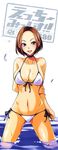  bikini blush breasts brown_hair choker grey_eyes highres isao large_breasts navel open_mouth original short_hair smile solo swimsuit water wet 