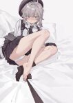  1girl absurdres ahoge ankle_socks ass bare_legs beret black_gloves black_hat black_necktie black_skirt blush brown_hair brown_jacket chest_strap cheyanne_(girls'_frontline_2) clothes_down collared_shirt dot_nose frown full_body girls'_frontline girls'_frontline_2:_exilium gloves grey_hair hand_on_own_knee hat highres jacket long_hair long_sleeves looking_at_viewer low_ponytail lying m200_(girls'_frontline) necktie on_bed panties pleated_skirt ponytail purple_eyes shirt sidelocks simple_background single_sock sitting skirt sock_pull socks sola7764 sweat toes underwear white_background white_panties white_shirt 