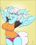 anthro back_wings biped blue_body blue_eyes blue_fur clothed clothed_anthro clothed_female clothing digital_drawing_(artwork) digital_media_(artwork) feathered_wings feathers female fluffy_pony fluffy_pony_(species) front_view fully_clothed fully_clothed_anthro fully_clothed_female fur hair looking_at_viewer mammal monotone_body monotone_fur monotone_hair open_mouth panties portrait pose raised_arms shirt signature simple_background solo standing tail three-quarter_portrait topwear underwear wetfluff white_hair white_tail wings