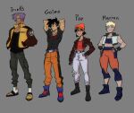  2boys 2girls bandana belt black_boots black_eyes black_hair black_shirt blonde_hair boots capsule_corp character_name denim dougi dragon_ball dragon_ball_gt english_text family fingerless_gloves gloves headscarf highres jacket jeans marron_(dragon_ball) multiple_boys multiple_girls orange_bandana orange_headscarf orange_pants orange_shirt pan_(dragon_ball) pants saiyan shirt short_hair simple_background smile son_goten spiked_hair torn_clothes torn_pants trunks_(dragon_ball) wolfsvile 