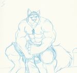  abs anthro biceps canine clothing dog_tags flexing fur huge_muscles male mammal muscles nipples pecs pose shorts sitting sketch solo topless werewolfhero wolf 