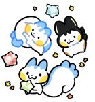  black_eyes closed_mouth emolga full_body highres holding minior minior_(core) minior_(green_core) minior_(indigo_core) minior_(red_core) namyu_usa no_humans pachirisu pokemon pokemon_(creature) pokemon_focus simple_background smile squirrel star_(symbol) white_background 