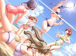  armpits arms_up ass beach bikini blue_hair bouncing_breasts breasts brown_hair cleavage cloud clouds flat_chest glasses jumping large_breasts long_hair multiple_girls sand sano_toshihide short_hair sky standing sun swimsuit twintails 
