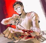  1boy bags_under_eyes bandage_on_face bandaged_arm bandages beard_stubble bullet_wound clenched_hand clenched_teeth deep_wound disco_elysium dule_(anhaidule) facial_hair foreshortening furrowed_brow guro highres holding holding_tongs injury kim_kitsuragi male_focus one_eye_covered round_eyewear serious shirt solo stubble surgical_scissors t-shirt teeth tongs 