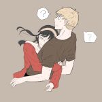  1boy 1girl ? arms_around_waist black_hair black_pantyhose blonde_hair blue_eyes blush brown_shirt closed_eyes commentary_request cropped_torso dress earrings furrowed_brow gold_earrings grey_background hairband hetero highres hug husband_and_wife jakopan jewelry long_hair off-shoulder_dress off_shoulder pantyhose red_dress shirt short_hair sidelocks spoken_question_mark spy_x_family sweatdrop t-shirt twilight_(spy_x_family) updo upper_body yor_briar 