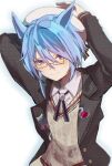  1girl animal_ears black_jacket black_ribbon blue_eyes blue_hair blush closed_mouth collared_shirt commentary disney_o626 glasses grey_sweater_vest hair_between_eyes hat highres horse_ears horse_girl jacket k.s.miracle_(autumn_color_andante)_(umamusume) k.s.miracle_(umamusume) long_sleeves looking_at_viewer neck_ribbon open_clothes open_jacket plaid_clothes plaid_jacket ribbon shirt short_hair smile sweater sweater_vest umamusume untranslatable_commentary upper_body white_shirt 