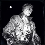  1boy beard_stubble blood blood_on_clothes blood_splatter bomber_jacket disco_elysium dule_(anhaidule) facial_hair greyscale hair_slicked_back highres jacket kim_kitsuragi male_focus monochrome parted_lips round_eyewear short_hair solo stubble underlighting 
