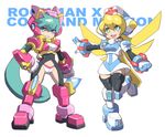  android blonde_hair blue_eyes boots breasts cinnamon green_eyes green_hair long_hair looking_at_viewer marino medium_breasts multiple_girls ninja nurse open_mouth ponytail robot robot_ears rockman rockman_x rockman_x_command_mission skirt smile thighhighs tonami_kanji 