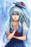  blue_hair breasts bukimi_isan cleavage dress hat highres holding kamishirasawa_keine large_breasts lips long_hair looking_at_viewer quill red_eyes solo touhou 