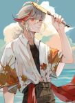  1boy 1o8k antenna_hair artist_name black_pants black_shirt blue_sky cloud collared_shirt commentary day english_commentary genshin_impact hair_between_eyes hand_fan hand_up highres holding holding_fan horizon kaedehara_kazuha leaf_print looking_at_viewer low_ponytail male_focus maple_leaf_print medium_hair ocean open_clothes open_shirt outdoors pants paper_fan parted_lips ponytail print_shirt red_eyes red_hair red_shawl shawl shirt shirt_tucked_in short_sleeves sidelocks sky solo sweat uchiwa undershirt white_hair white_shirt 