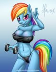  abs anthro anthrofied big_breasts breasts clothed clothing dumbbell dumbell equine female friendship_is_magic hair hirurux horse invalid_tag looking_at_viewer mammal mane multi-colored_hair my_little_pony navel nipples pegasus pony pose rainbow_dash_(mlp) rainbow_hair rainbow_tail skimpy smile solo weight wings workout 