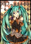  :q argyle argyle_background bandages blue_eyes detached_sleeves green_hair halloween hatsune_miku highres long_hair ria_(akl14) skirt solo star tongue tongue_out twintails very_long_hair vocaloid 