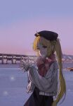  1girl :o absurdres ahoge alternate_costume anotoki_ashi beret black_hat black_skirt blonde_hair blue_sky bocchi_the_rock! braid breath bridge chinese_commentary commentary_request cowboy_shot evening from_side hands_up hat highres horizon ijichi_nijika jacket long_hair long_sleeves looking_at_viewer looking_to_the_side ocean open_clothes open_jacket open_mouth outdoors own_hands_together parted_lips polka_dot polka_dot_scarf red_eyes red_scarf scarf scenery side_ponytail side_ponytail_with_braided_base skirt sky standing very_long_hair white_jacket 