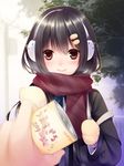  black_eyes black_hair blush can coat earmuffs gloves hair_ornament holding itou_nanami long_hair looking_at_viewer original pov scarf smile 